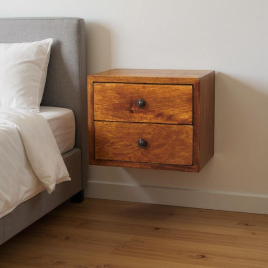 12" Chestnut Solid Wood Two Drawer Floating Nightstand