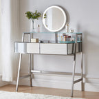 34" Silver Mirrored Glass and Stainless Steel Two Drawer Vanity Table With Mirror And Lights