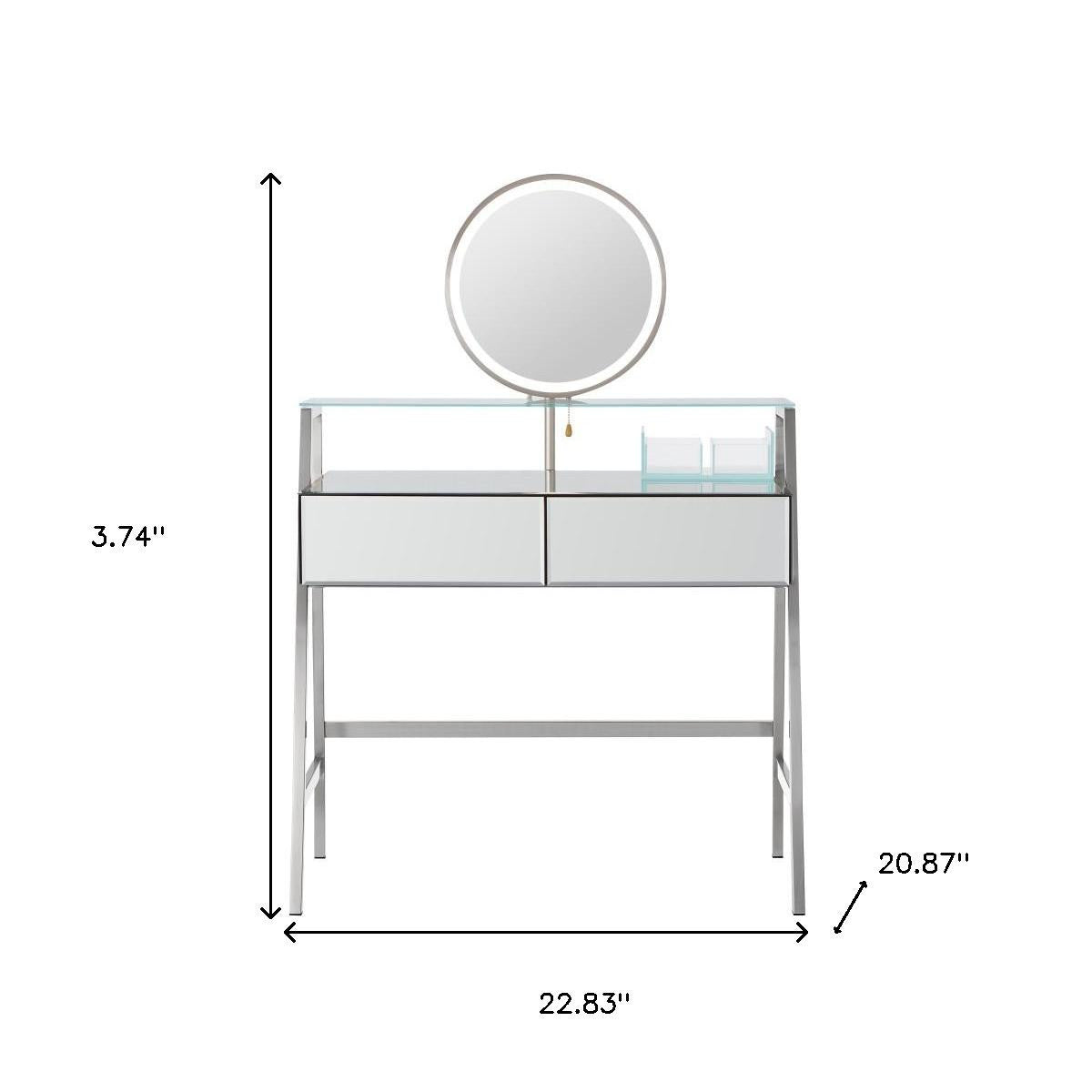 34" Silver Mirrored Glass and Stainless Steel Two Drawer Vanity Table With Mirror And Lights