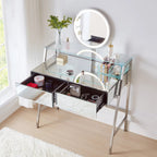 34" Silver Mirrored Glass and Stainless Steel Two Drawer Vanity Table With Mirror And Lights