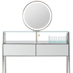 34" Silver Mirrored Glass and Stainless Steel Two Drawer Vanity Table With Mirror And Lights
