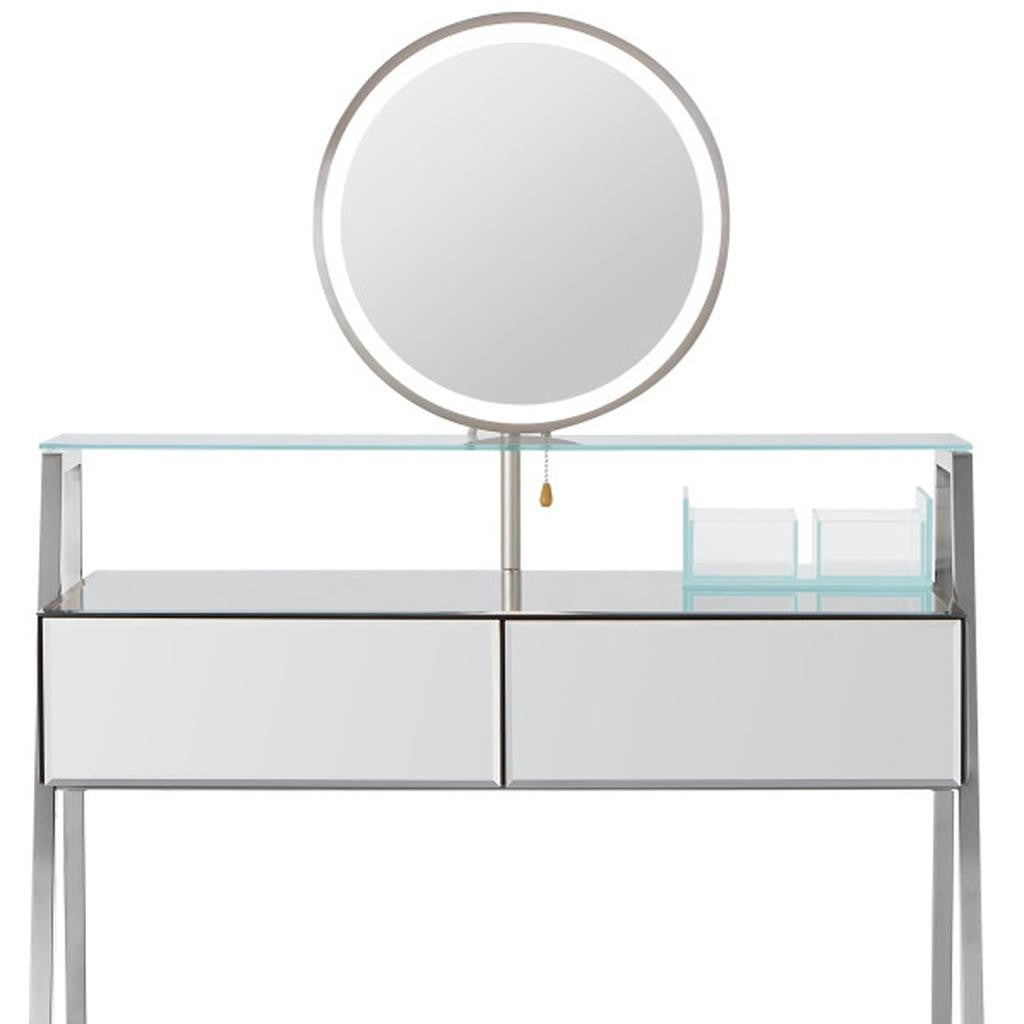 34" Silver Mirrored Glass and Stainless Steel Two Drawer Vanity Table With Mirror And Lights