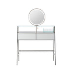 34" Silver Mirrored Glass and Stainless Steel Two Drawer Vanity Table With Mirror And Lights