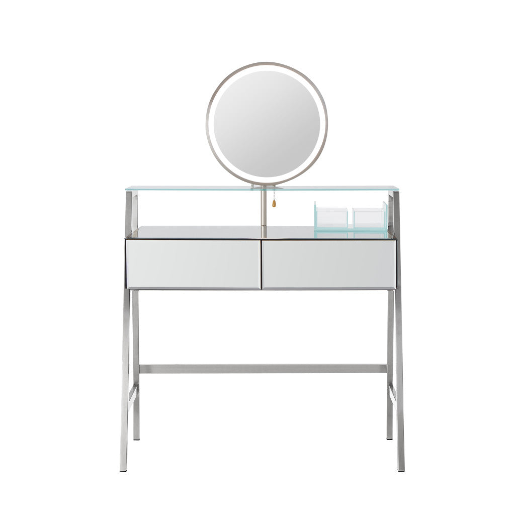 34" Silver Mirrored Glass and Stainless Steel Two Drawer Vanity Table With Mirror And Lights