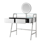 34" Silver Mirrored Glass and Stainless Steel Two Drawer Vanity Table With Mirror And Lights