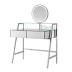 34" Silver Mirrored Glass and Stainless Steel Two Drawer Vanity Table With Mirror And Lights