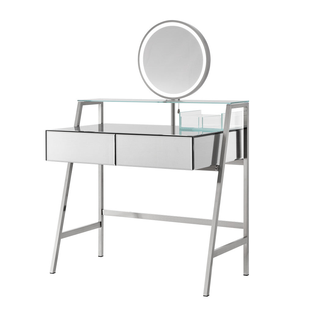 34" Silver Mirrored Glass and Stainless Steel Two Drawer Vanity Table With Mirror And Lights