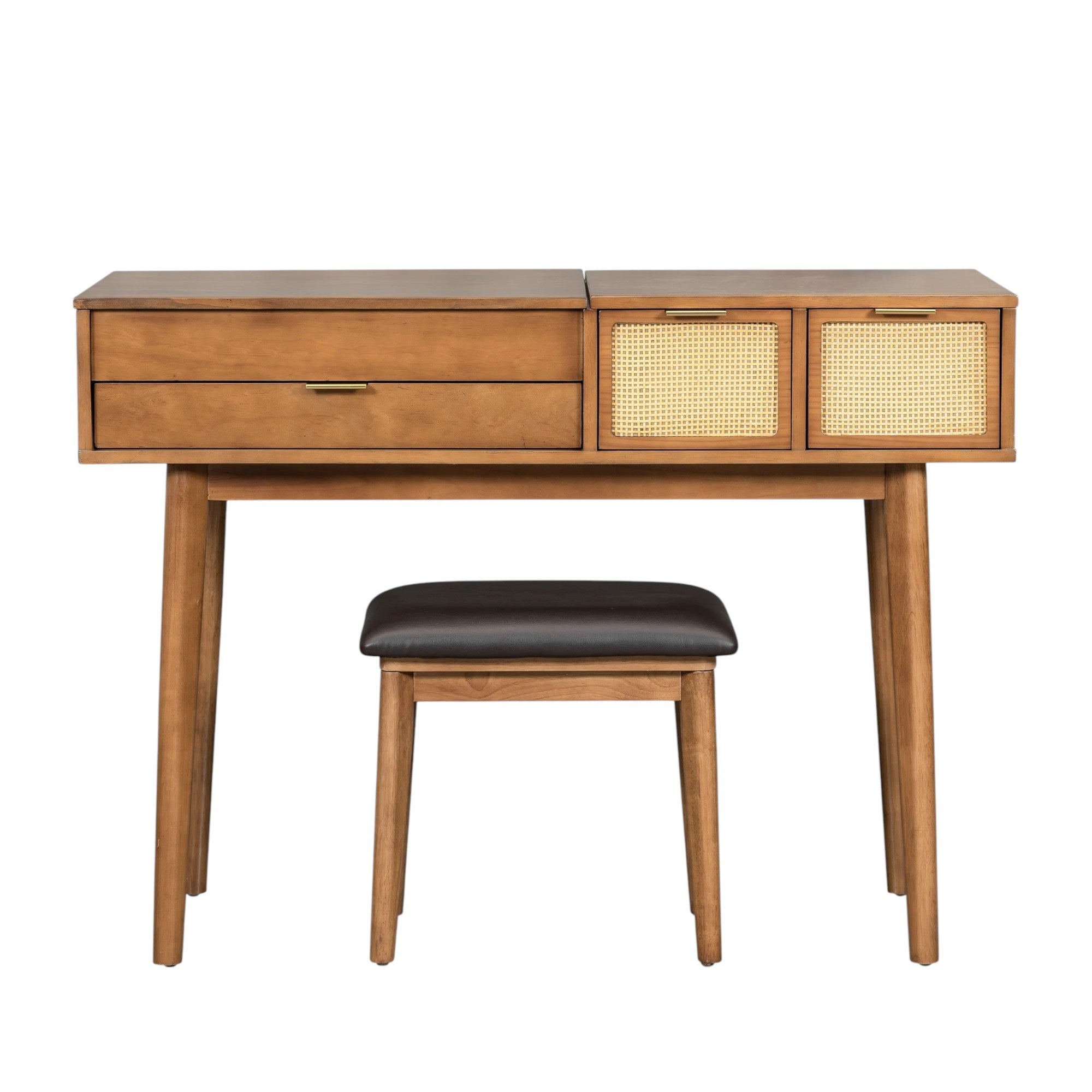 48" Brown Wood Three Drawer Vanity Table With Mirror And Seating