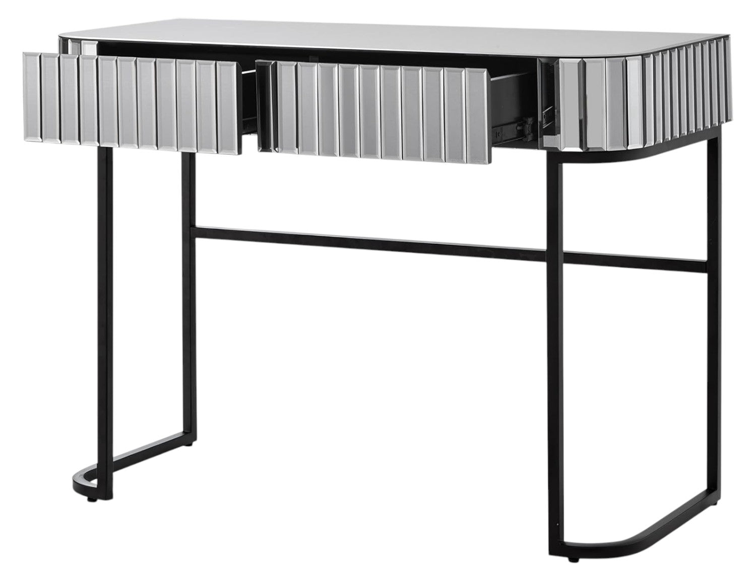 39" Silver And Black Mirrored Glass and Stainless Steel Two Drawer Vanity Table