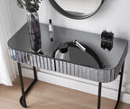 39" Silver And Black Mirrored Glass and Stainless Steel Two Drawer Vanity Table
