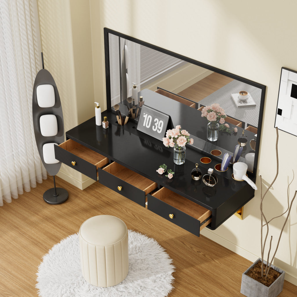 52" Black Wood Three Drawer Vanity Table