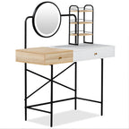 41" Black Natural And White Wood and Iron Vanity Table With Mirror And Lights