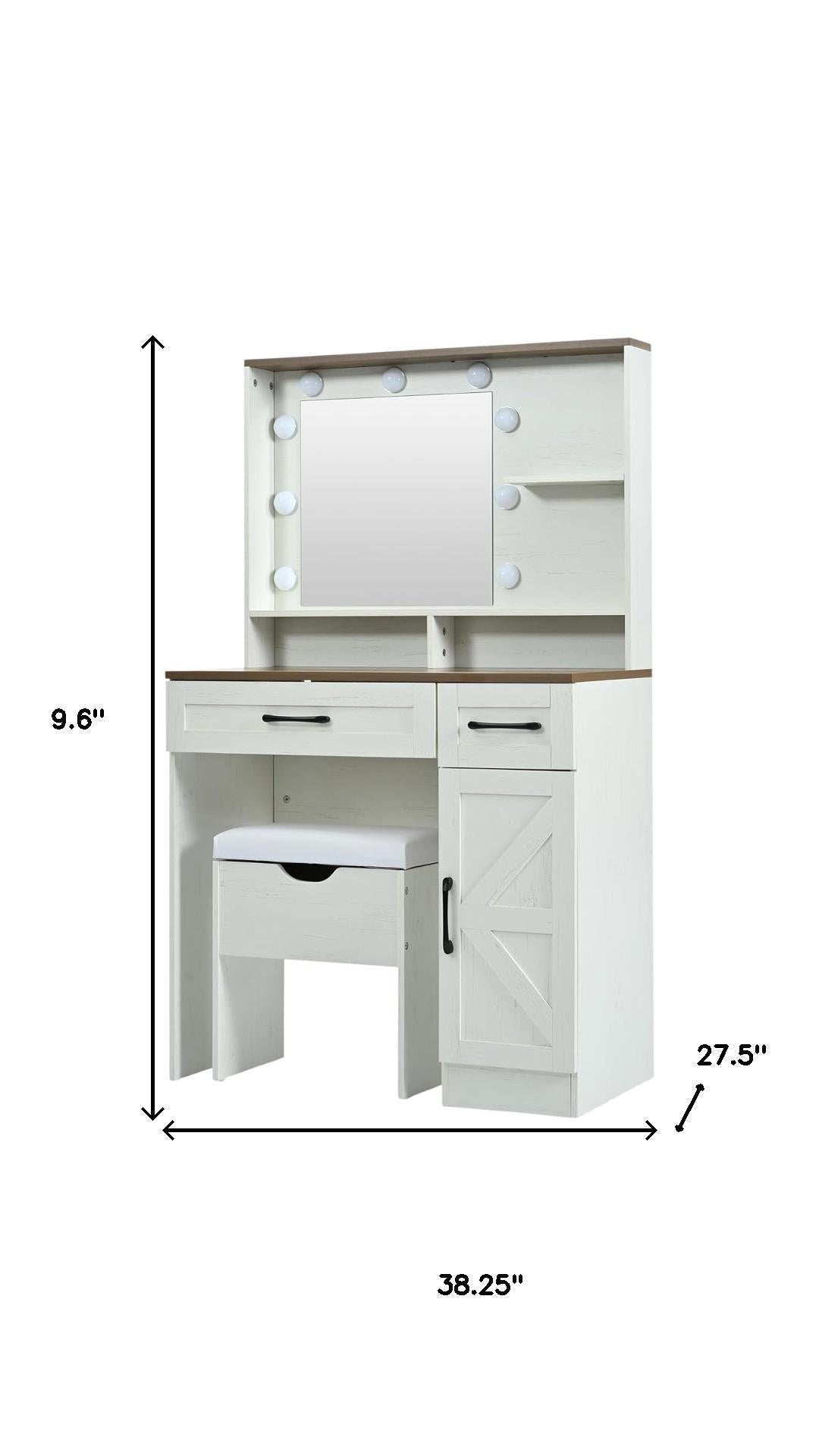 38" White Wood Mirrored Two Drawer Vanity Table And Lights
