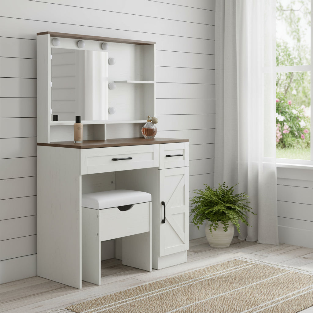 38" White Wood Mirrored Two Drawer Vanity Table And Lights