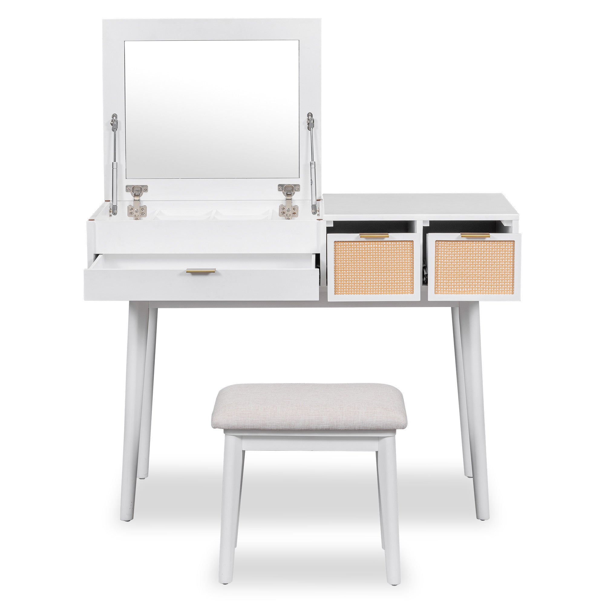 48" White Wood Mirrored Three Drawer Vanity Table And Lights