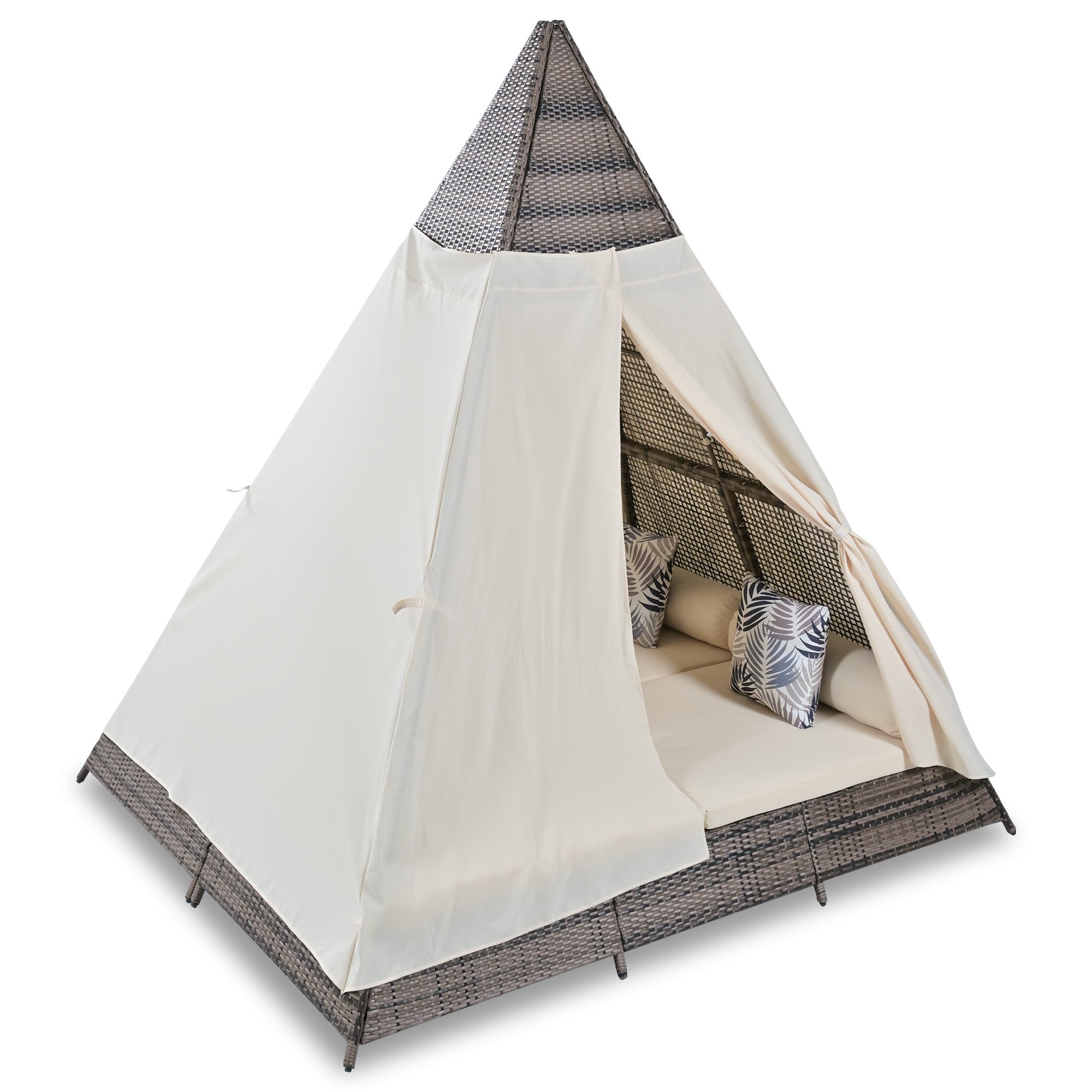 91" Brown And Natural Faux Rattan And Fabric Pyramid Lounge Chair