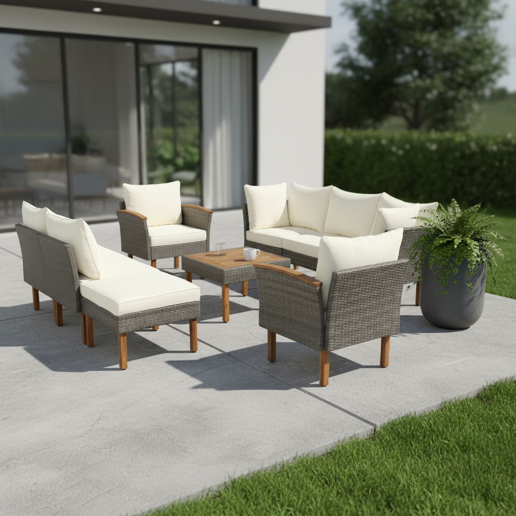 Nine Piece Gray and Beige Rattan Upholstered Cushions Sectional Seating Group With Table