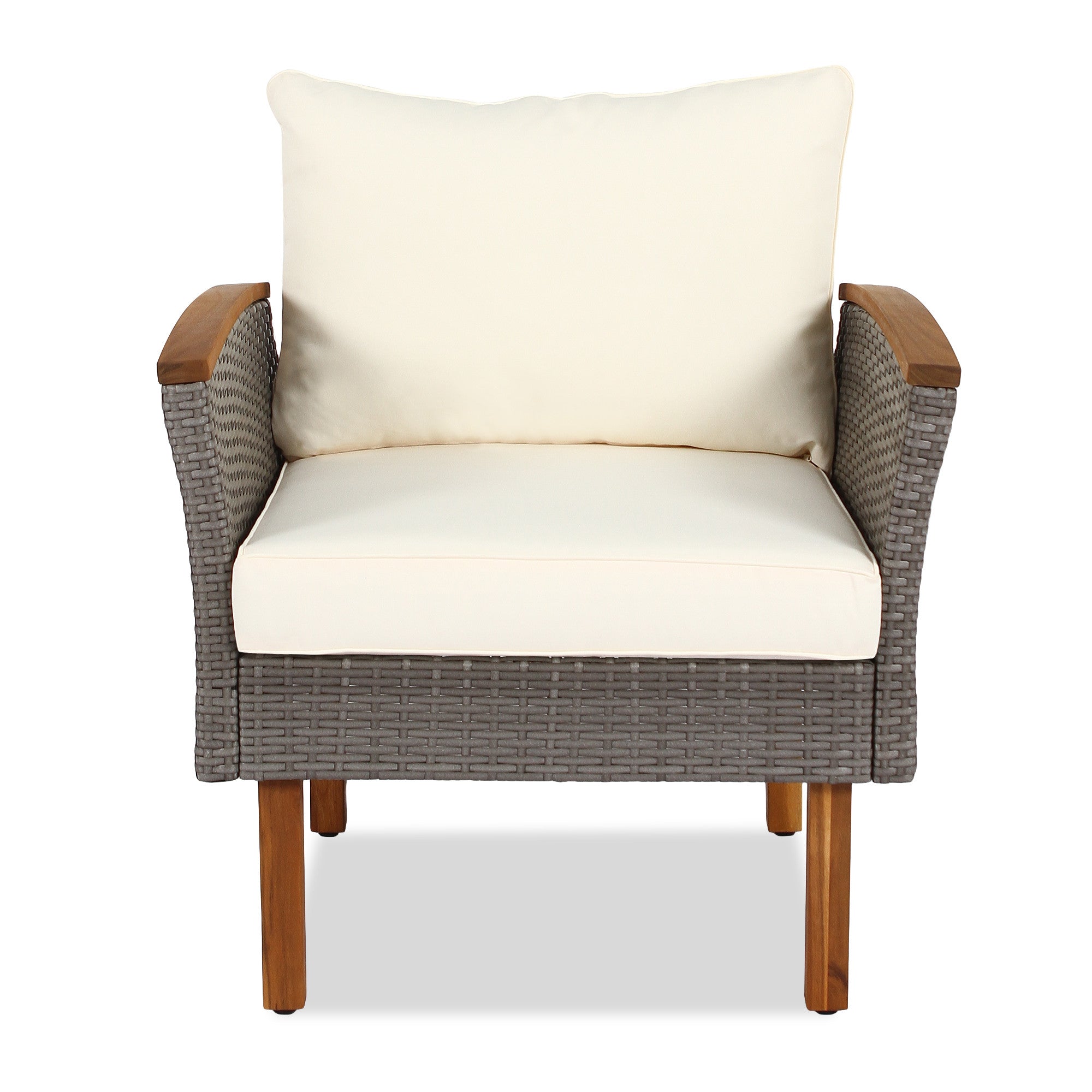 Nine Piece Gray and Beige Rattan Upholstered Cushions Sectional Seating Group With Table