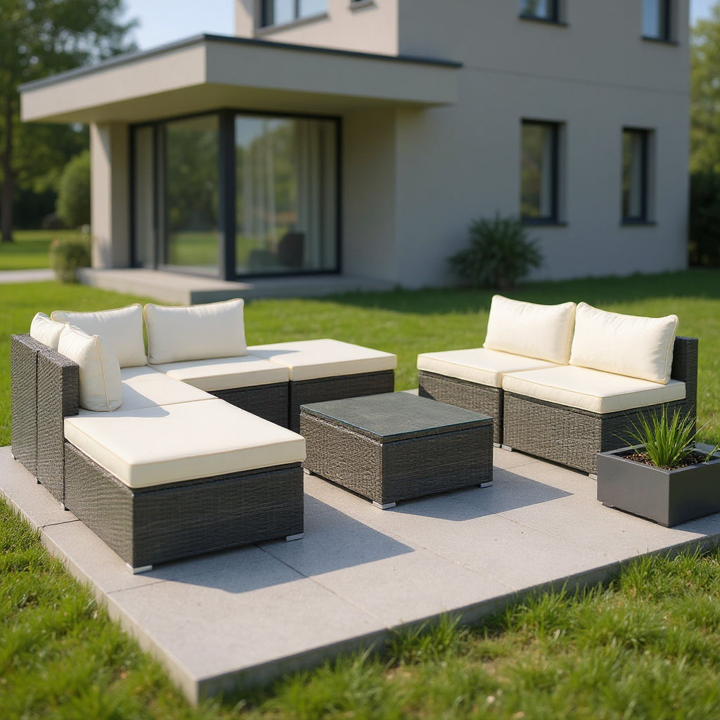 Eight Piece Gray and Beige Wicker Upholstered Cushions Sectional Seating Group With Table