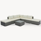 Eight Piece Gray and Beige Wicker Upholstered Cushions Sectional Seating Group With Table