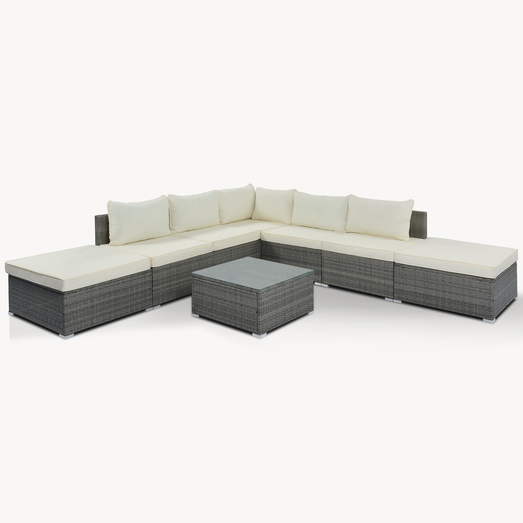 Eight Piece Gray and Beige Wicker Upholstered Cushions Sectional Seating Group With Table