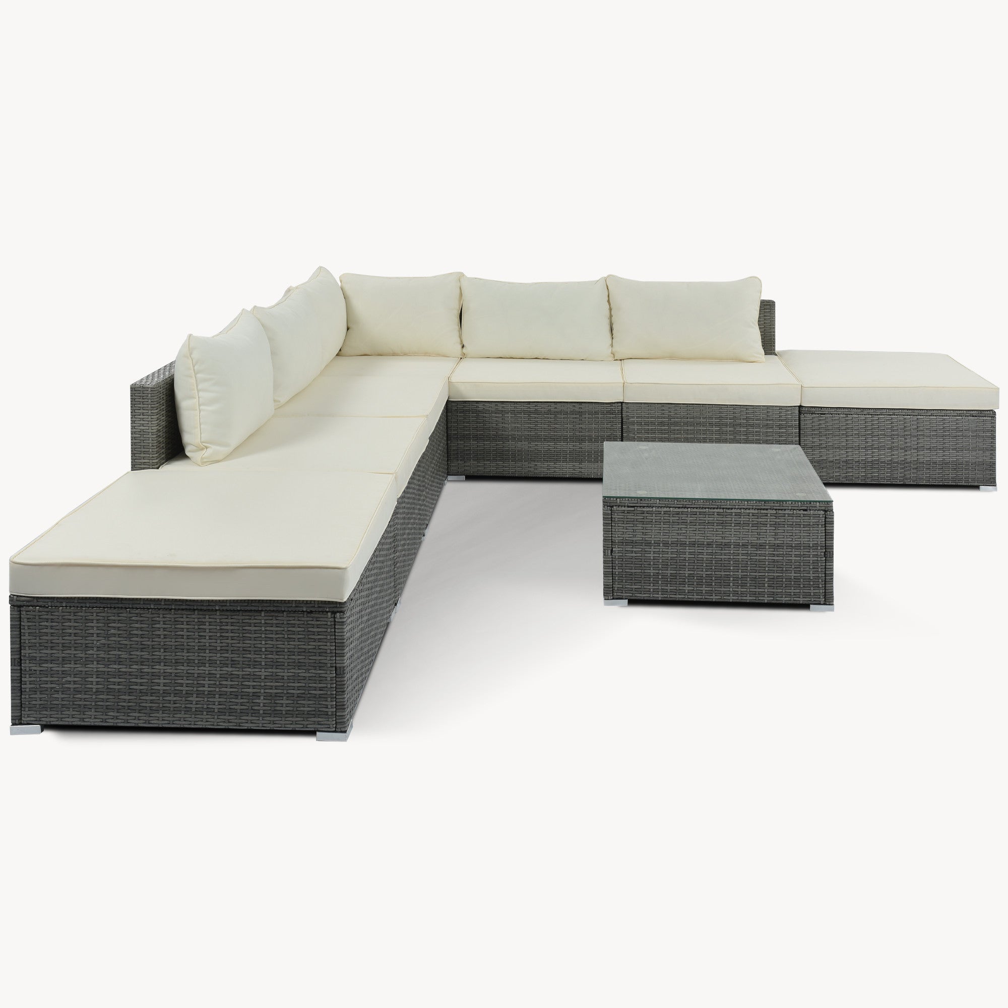 Eight Piece Gray and Beige Wicker Upholstered Cushions Sectional Seating Group With Table
