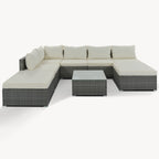 Eight Piece Gray and Beige Wicker Upholstered Cushions Sectional Seating Group With Table