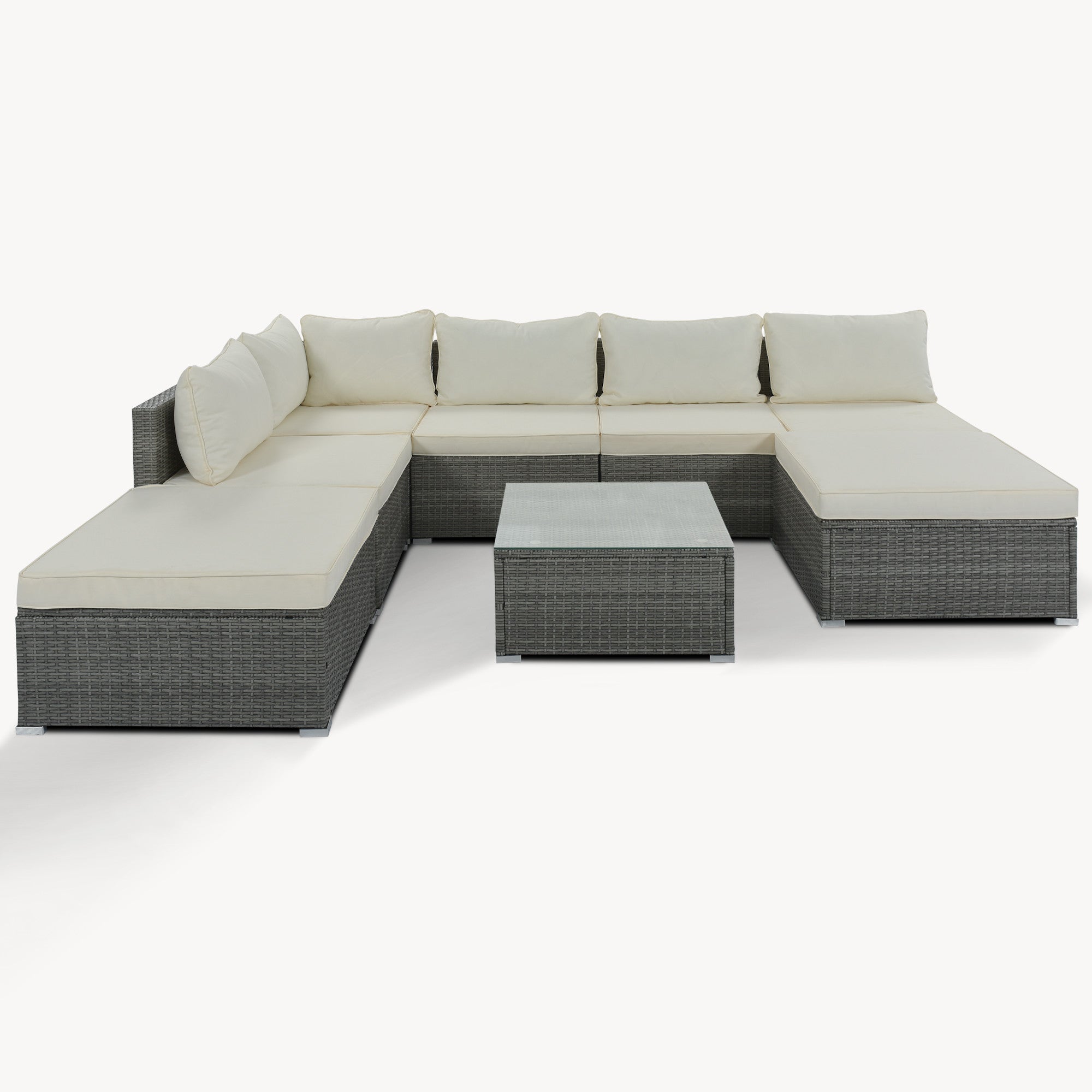 Eight Piece Gray and Beige Wicker Upholstered Cushions Sectional Seating Group With Table