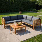 Four Piece Brown and Gray Solid Wood Upholstered Cushions Sofa Seating Group With Table