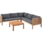 Four Piece Brown and Gray Solid Wood Upholstered Cushions Sofa Seating Group With Table