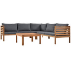 Four Piece Brown and Gray Solid Wood Upholstered Cushions Sofa Seating Group With Table