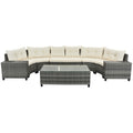 Eight Piece Gray and Beige Wicker Upholstered Cushions Sectional Seating Group With Table