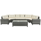 Eight Piece Gray and Beige Wicker Upholstered Cushions Sectional Seating Group With Table