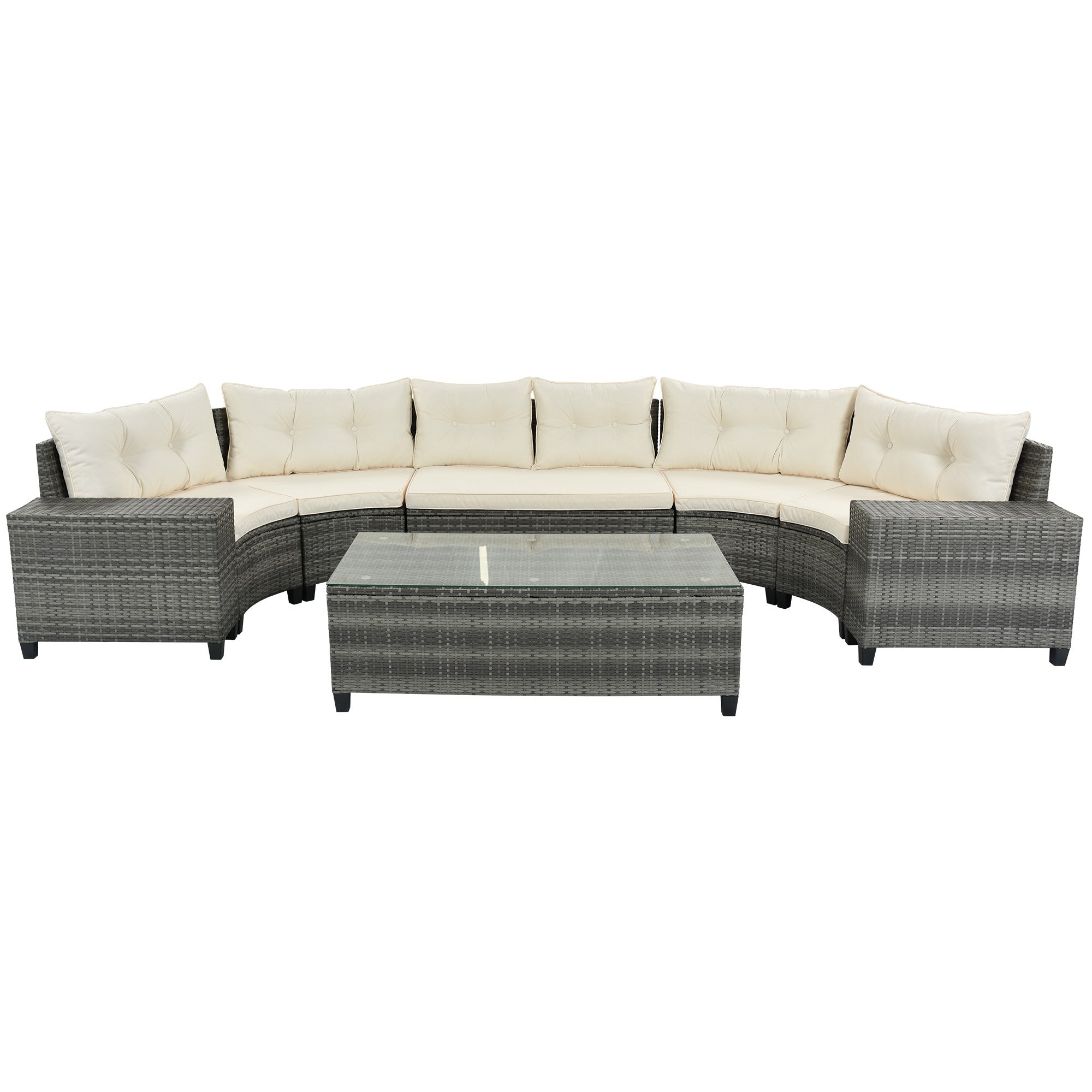 Eight Piece Gray and Beige Wicker Upholstered Cushions Sectional Seating Group With Table