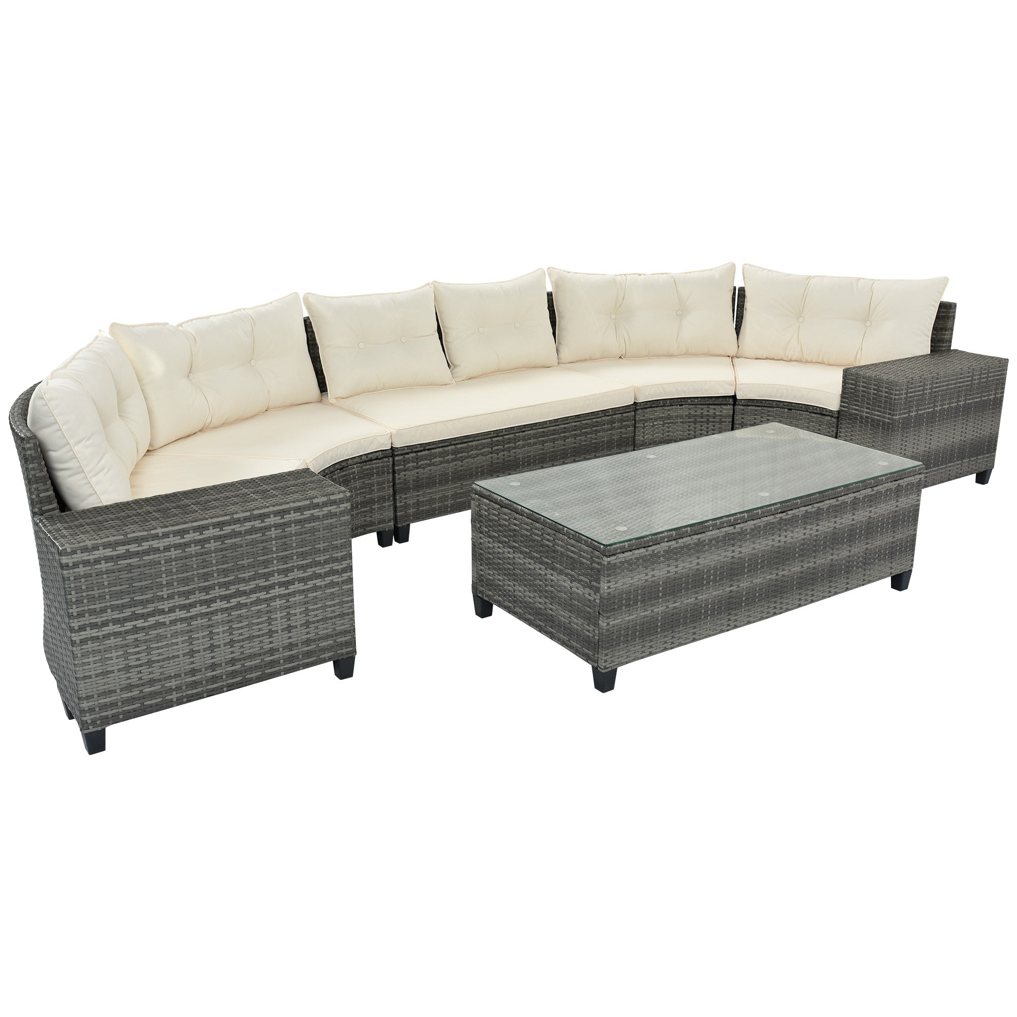 Eight Piece Gray and Beige Wicker Upholstered Cushions Sectional Seating Group With Table