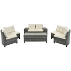 Eight Piece Gray and Beige Wicker Upholstered Cushions Sectional Seating Group With Table