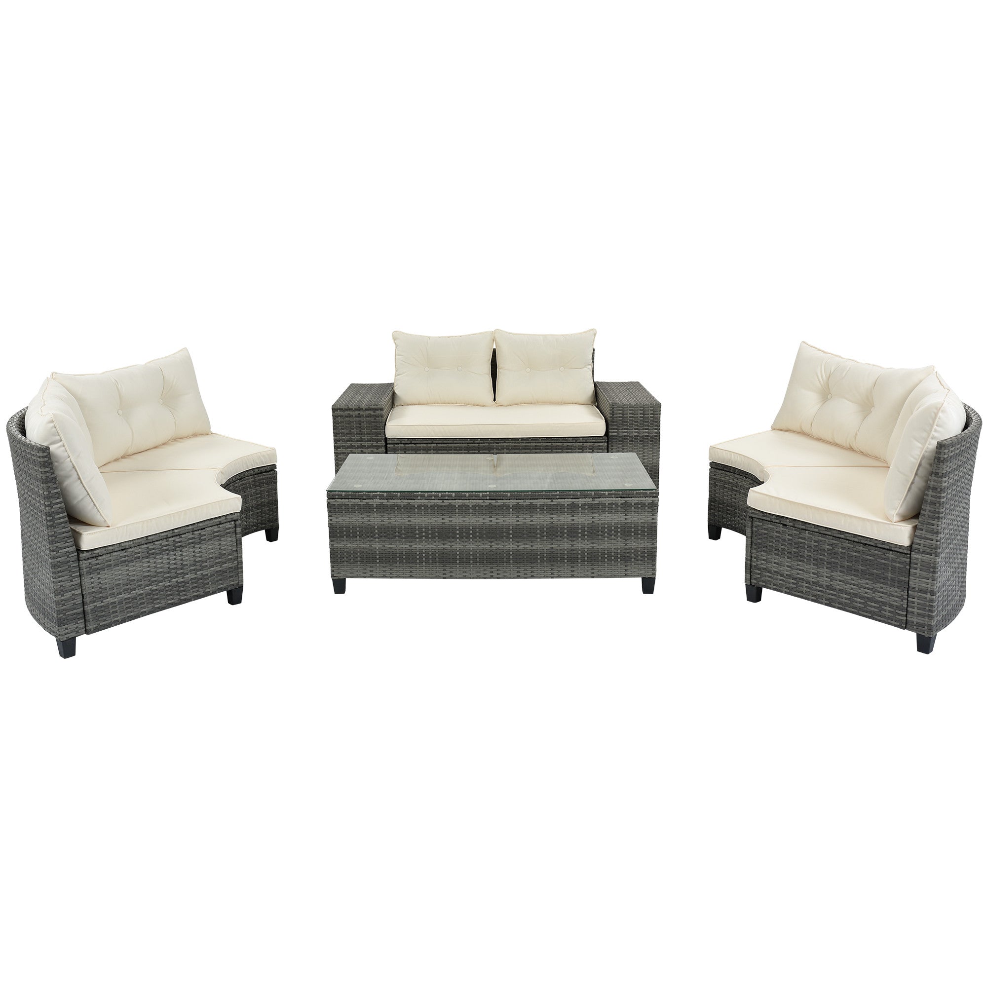 Eight Piece Gray and Beige Wicker Upholstered Cushions Sectional Seating Group With Table