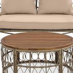 Four Piece Beige and Tan Wicker Upholstered Cushions Sofa Seating Group With Table