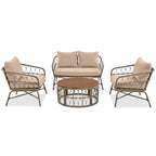 Four Piece Beige and Tan Wicker Upholstered Cushions Sofa Seating Group With Table