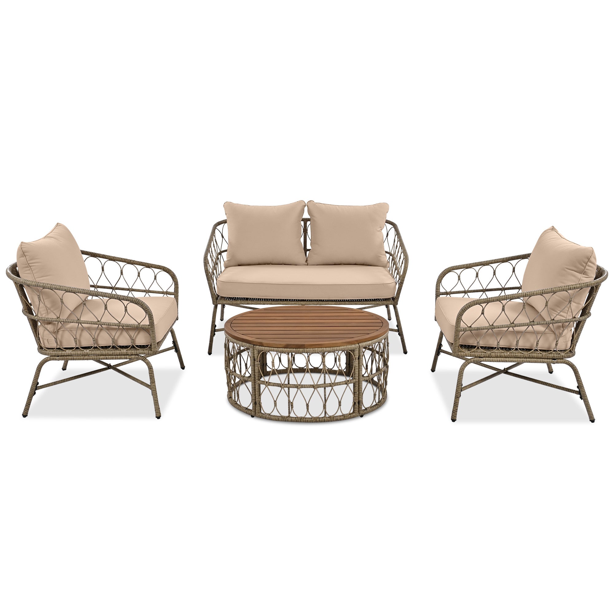 Four Piece Beige and Tan Wicker Upholstered Cushions Sofa Seating Group With Table