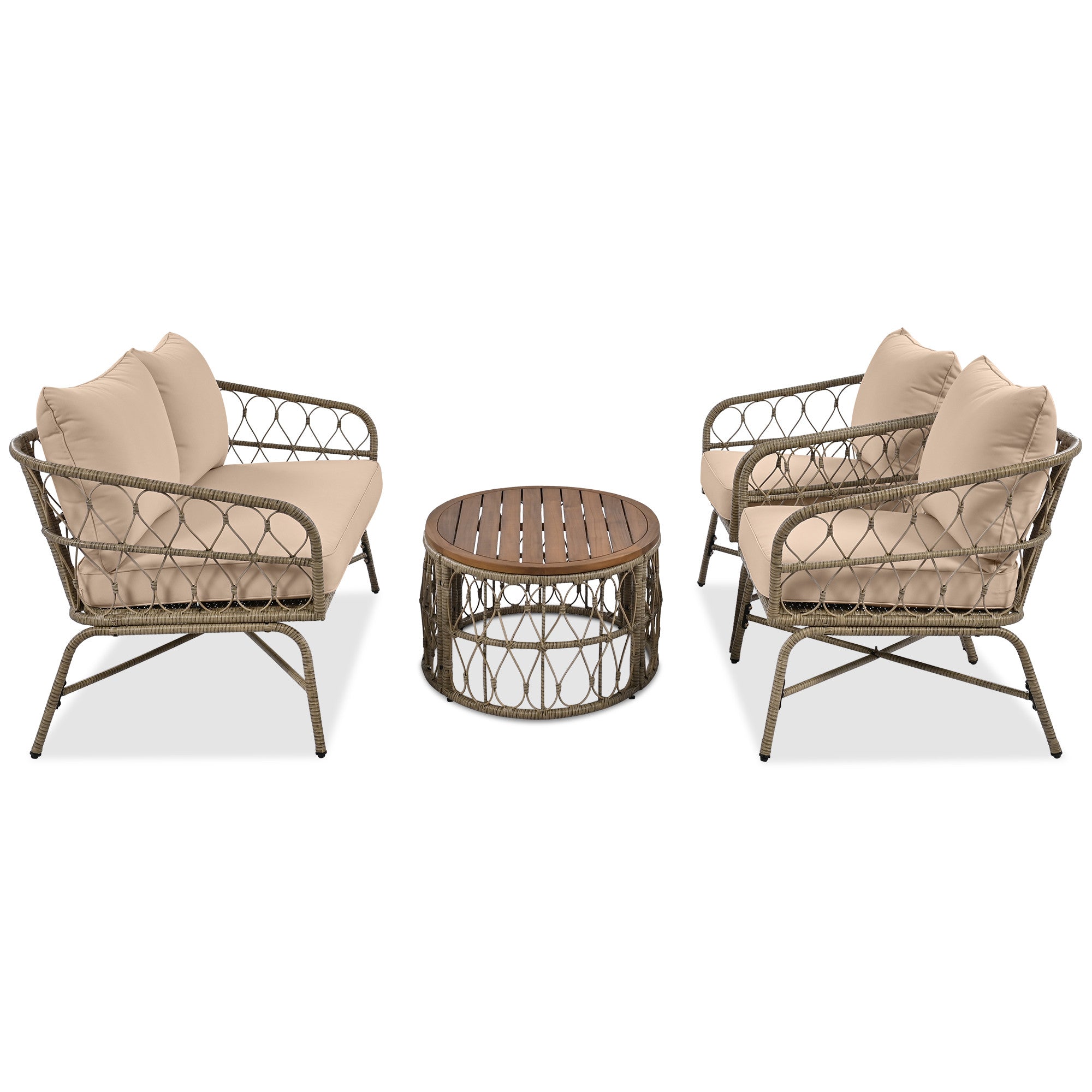 Four Piece Beige and Tan Wicker Upholstered Cushions Sofa Seating Group With Table