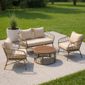 Four Piece Beige and Tan Wicker Upholstered Cushions Sofa Seating Group With Table
