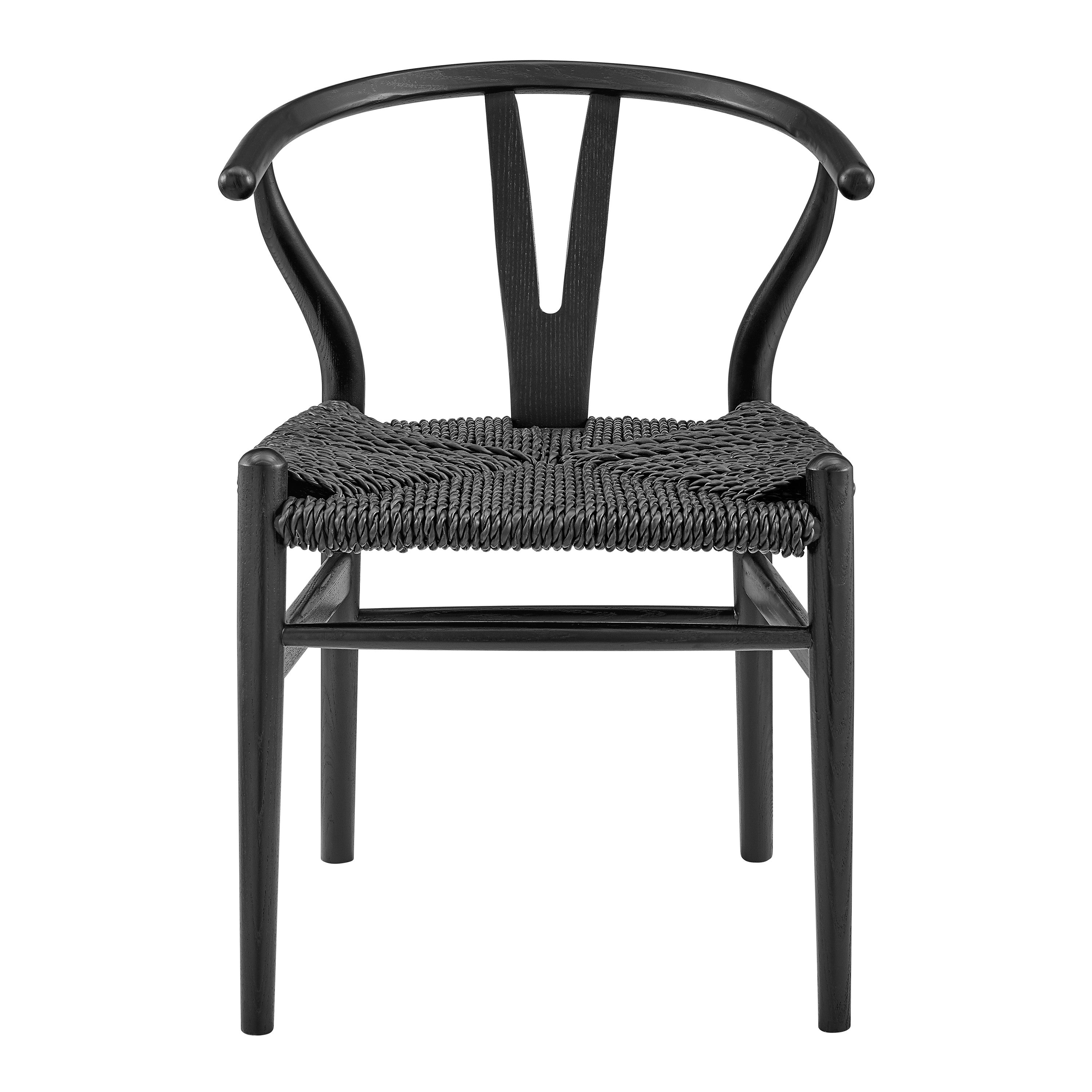 Set of Two Black Solid Wood and Rattan Wishbone Back Dining Arm Chairs