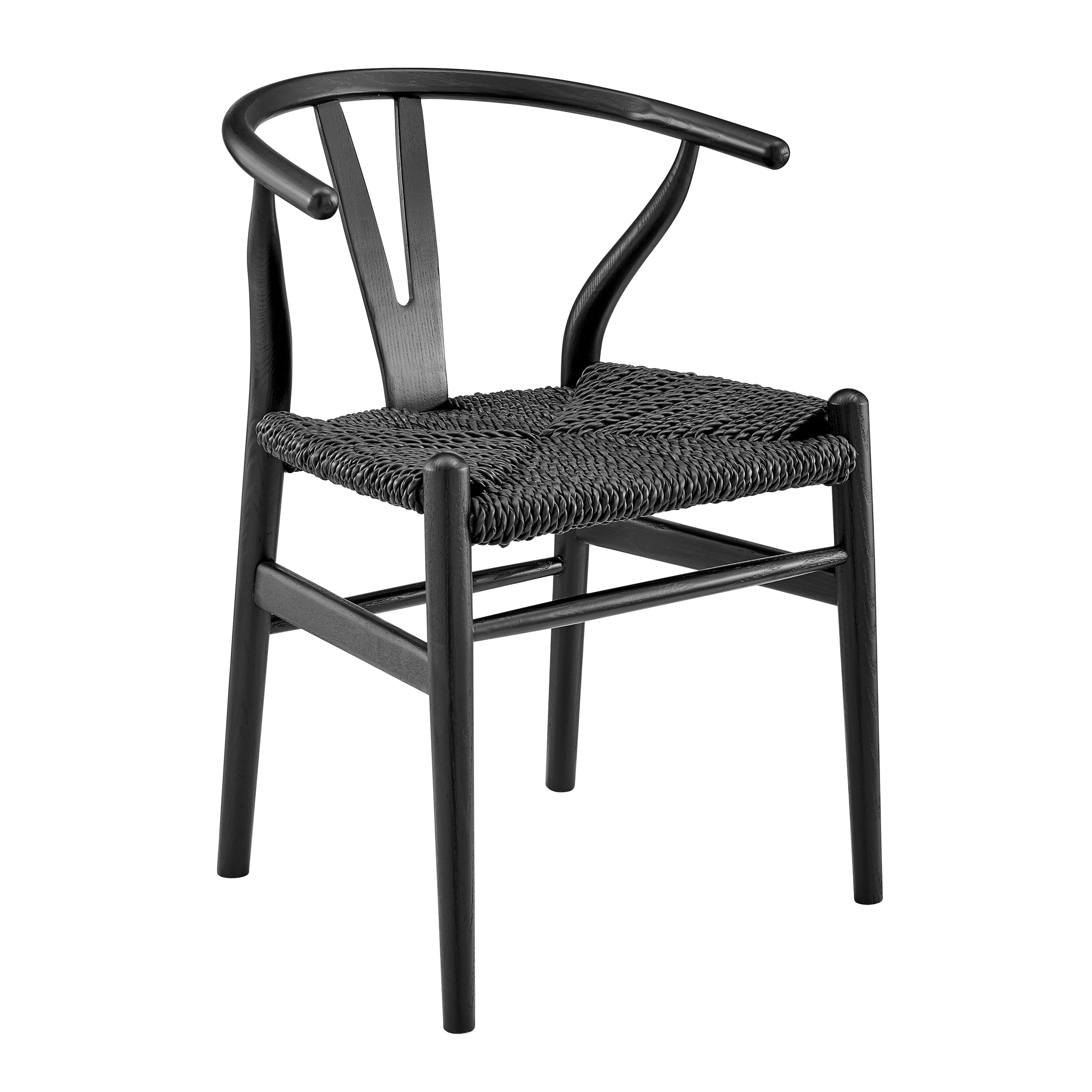 Set of Two Black Solid Wood and Rattan Wishbone Back Dining Arm Chairs