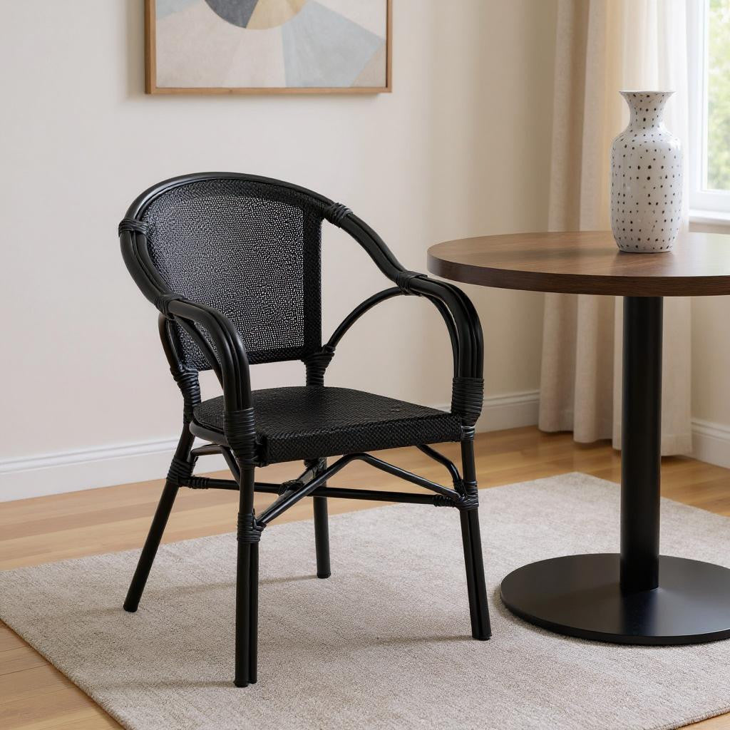 Set of Two Black Textured Mesh Sling And Aluminum Outdoor Stacking Arm Chairs