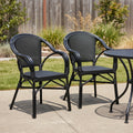 Set of Two Black Textured Mesh Sling And Aluminum Outdoor Stacking Arm Chairs