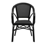 Set of Two Black Textured Mesh Sling And Aluminum Outdoor Stacking Arm Chairs