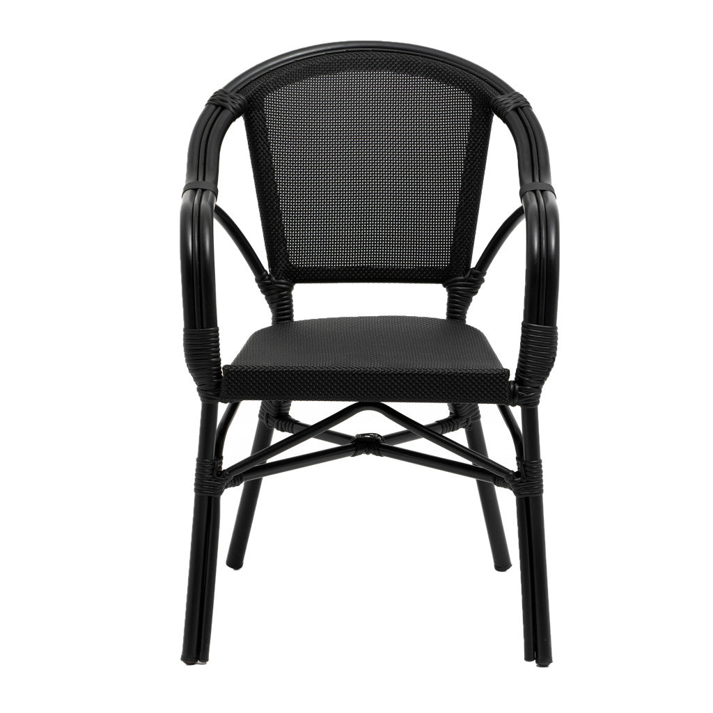 Set of Two Black Textured Mesh Sling And Aluminum Outdoor Stacking Arm Chairs