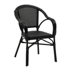 Set of Two Black Textured Mesh Sling And Aluminum Outdoor Stacking Arm Chairs