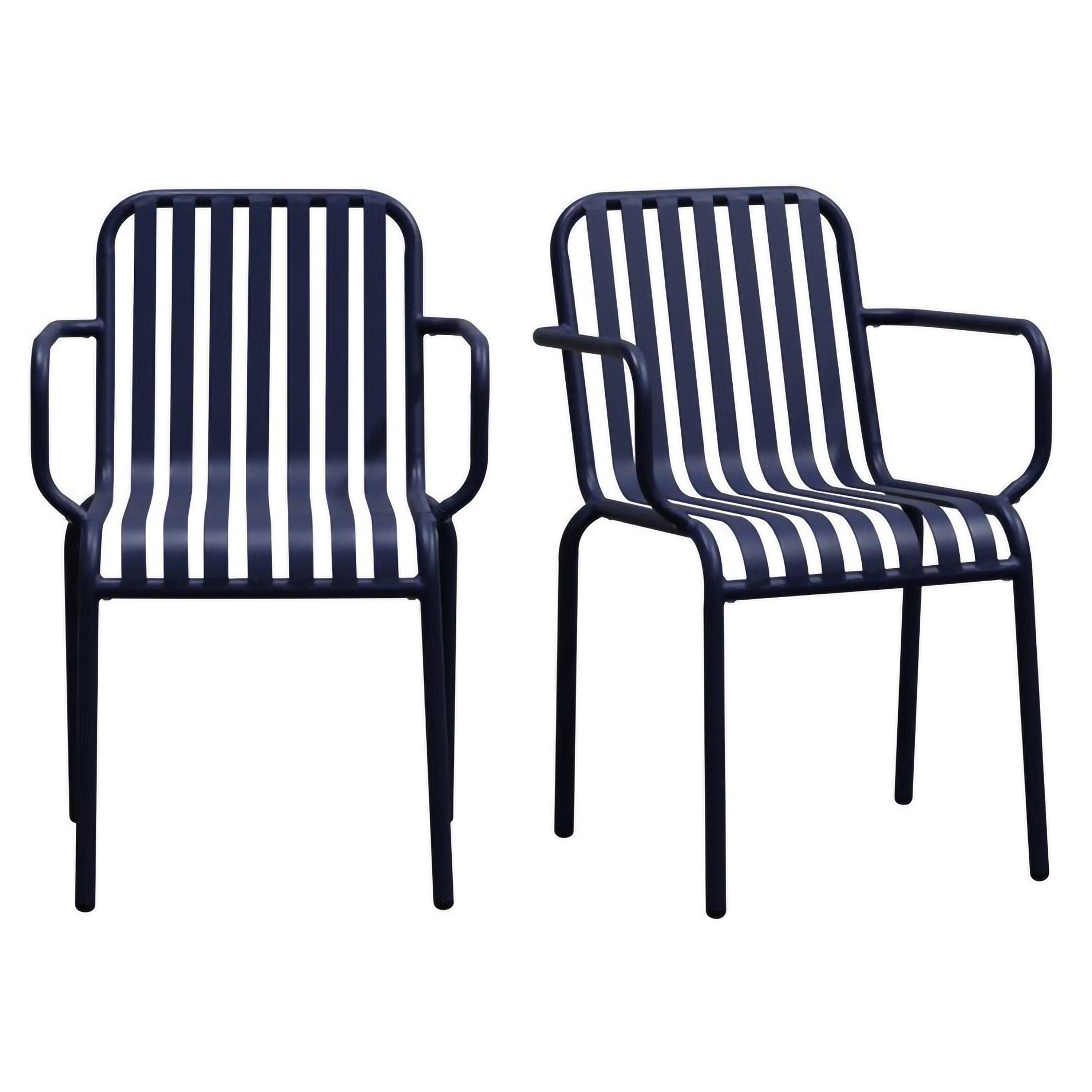 Set of Two Dark Blue Steel Outdoor Stacking Arm Chairs